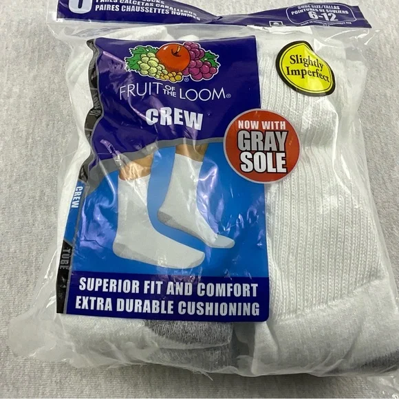 FRUIT OF THE LOOM COTTON BLEND MEN’S CREW SOCKS SLIGHTLY IMPERFECT 6 PAIRS WHITE - Picture 2 of 8